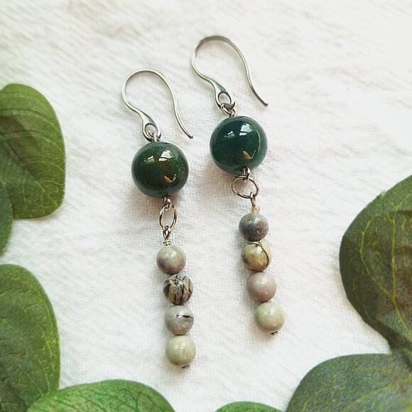 Dark Green Agate Jasper Silver Dangle Earrings Boho Chic Hippie Gifts Summer - Picture 7 of 7
